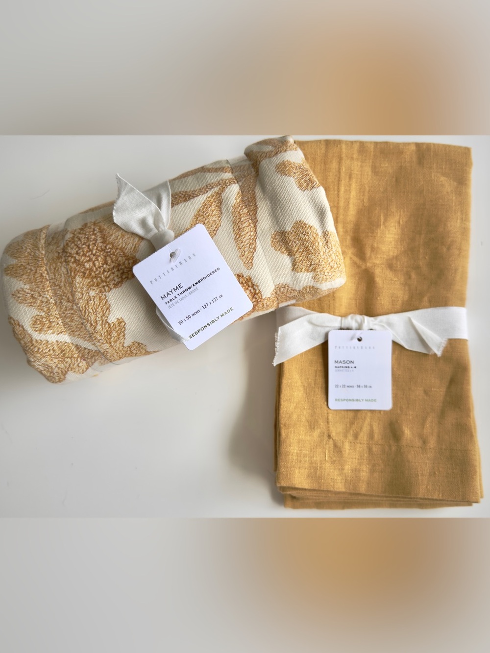 Pottery Barn Mayme Embroidered Table Throw & Mason Oversized Linen Gold Napkins
